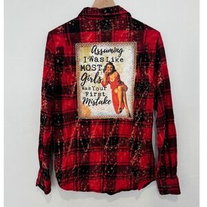 Angry Minnow Flannel Red Plaid Like Most Girls Pinup Graphic Oversized M Grunge